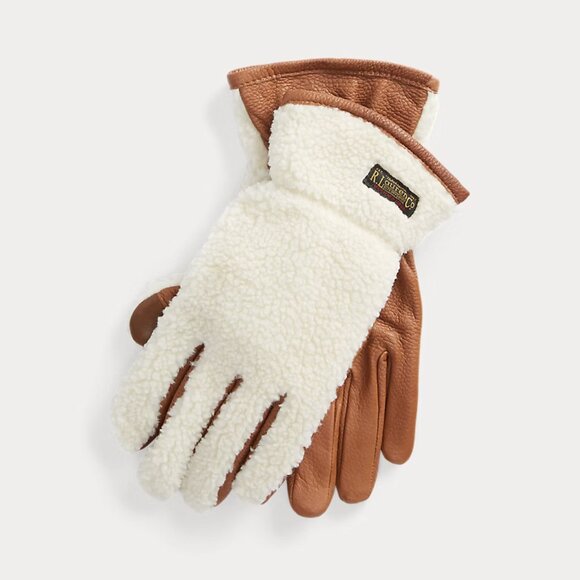 Polo Ralph Lauren Accessories - Polo Ralphs Lauren Fleece & Leather Insulated Touch Gloves White/Tan Size M